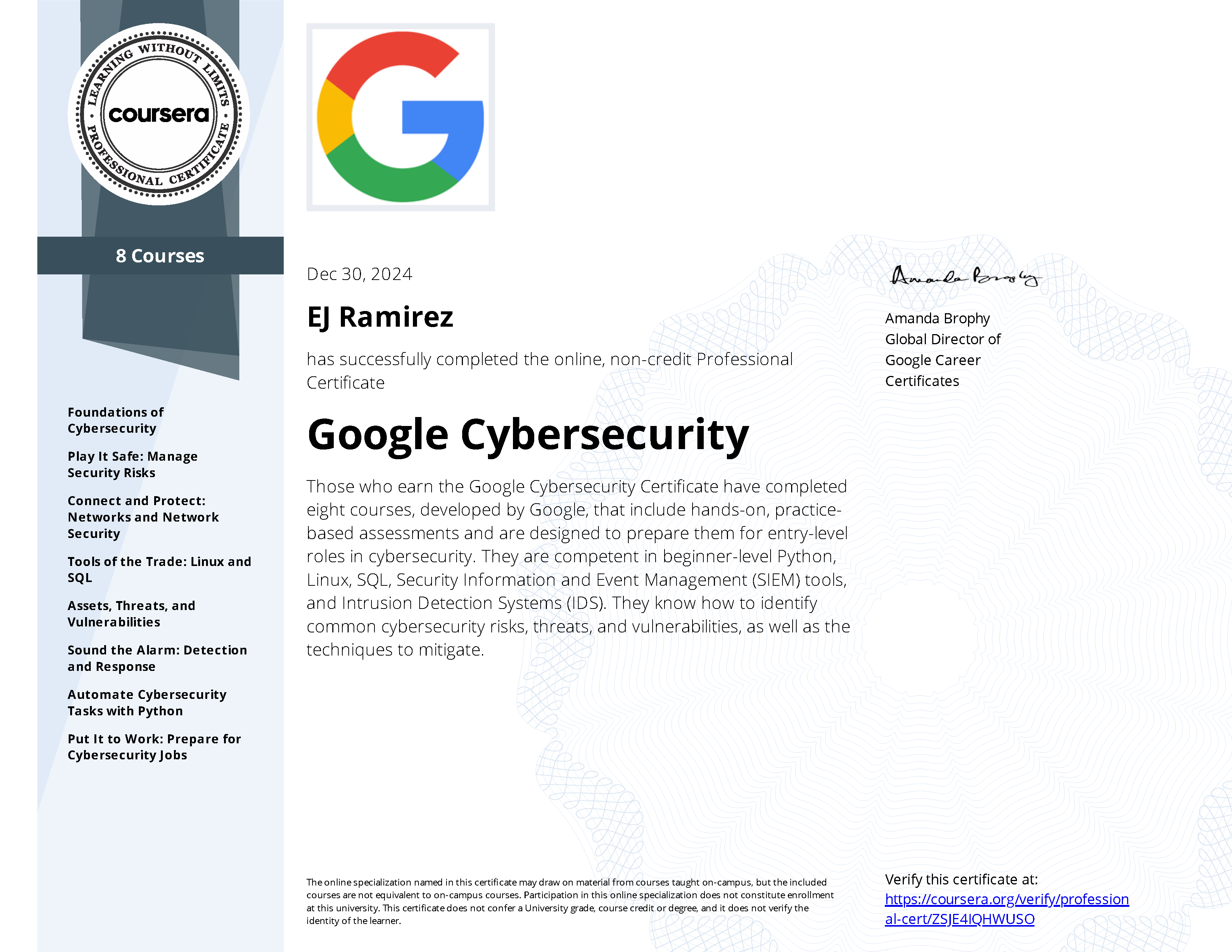 Google Cybersecurity certificate