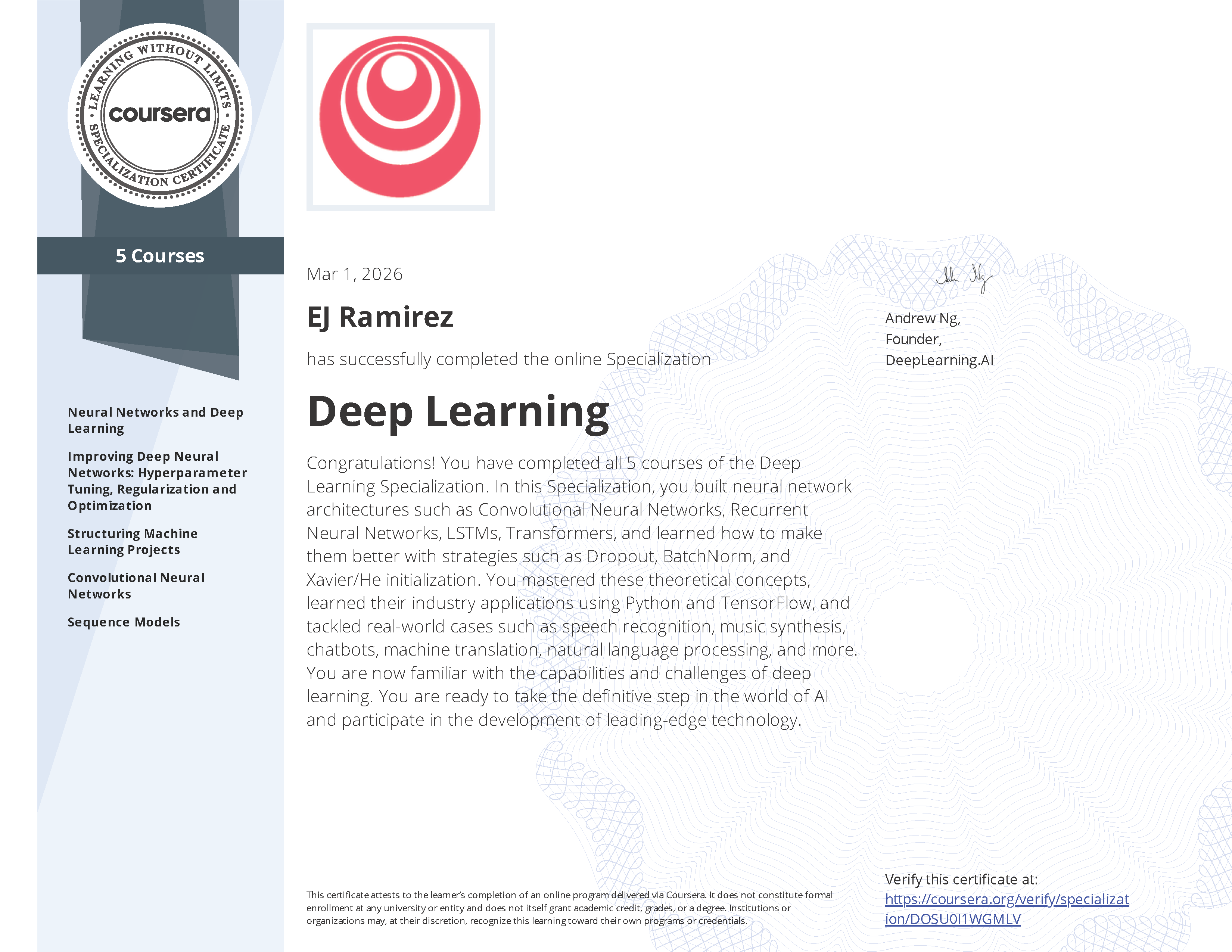 Deep Learning certificate