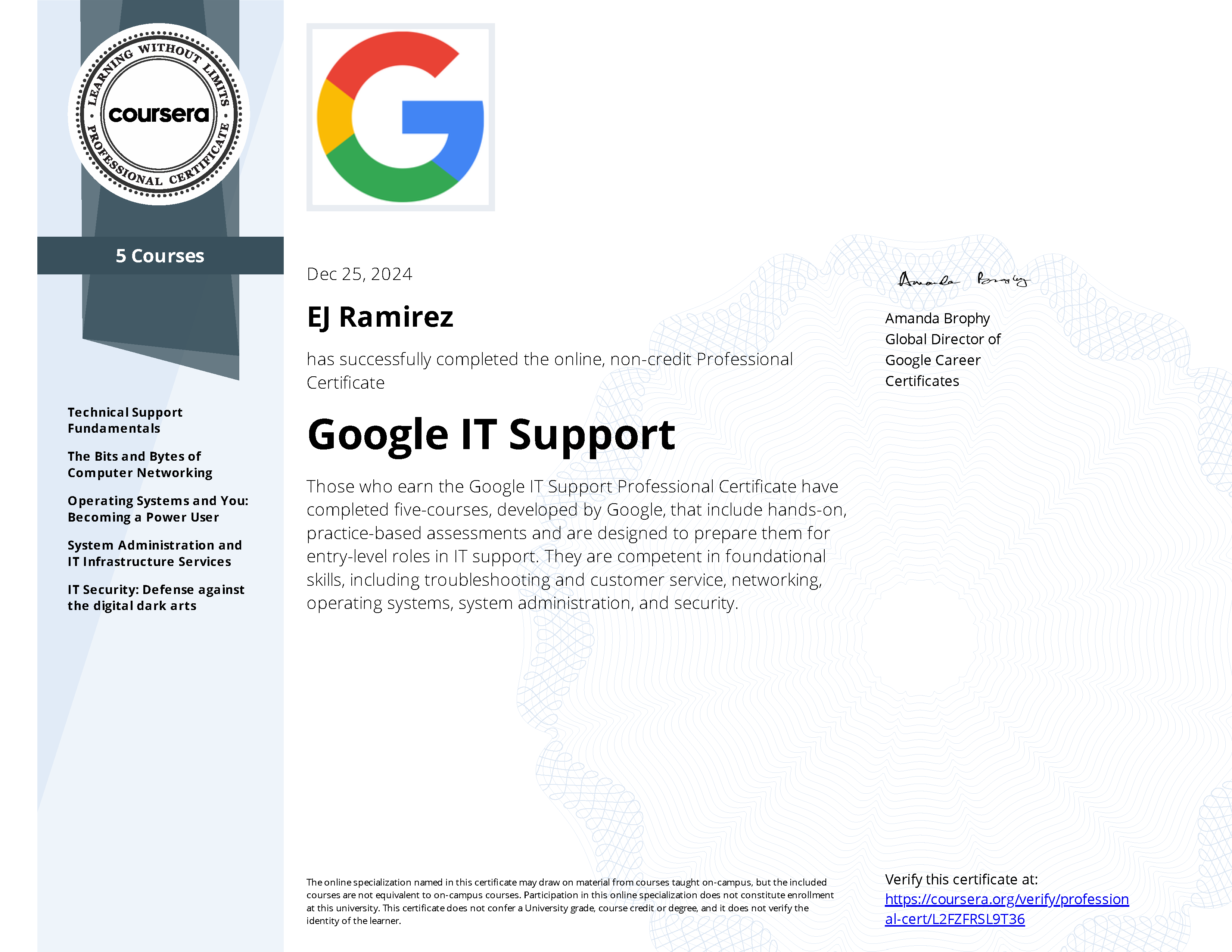 Google IT Support certificate