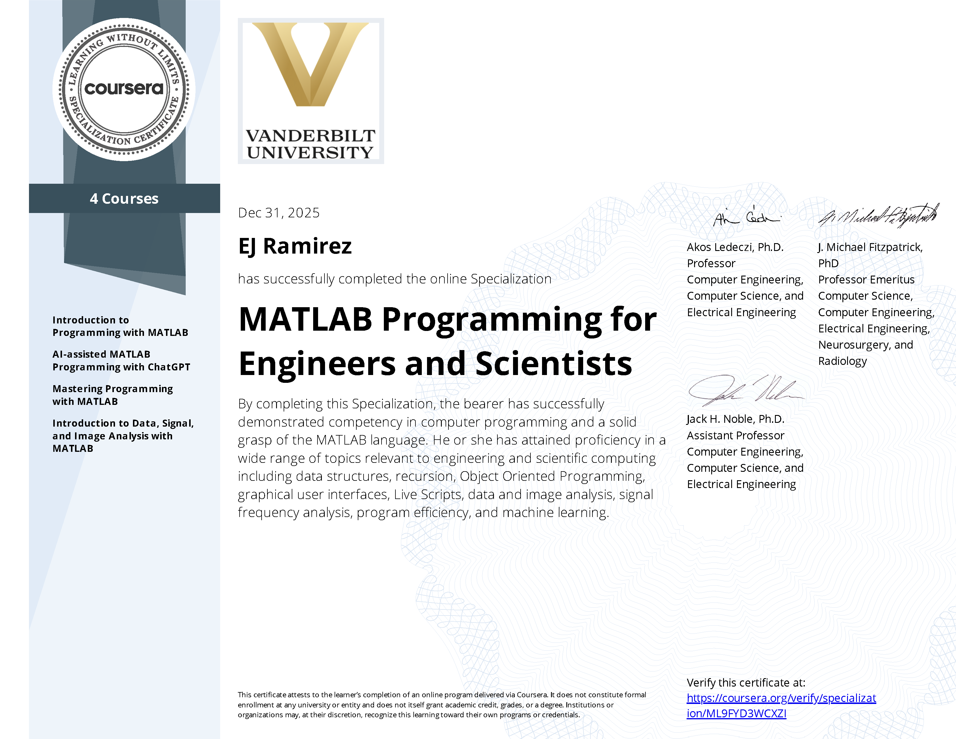 MATLAB certificate
